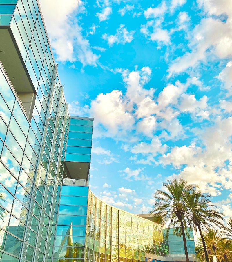A low-angle shot of a modern glass building with a palm tree in front of it, set against a blue sky with clouds.