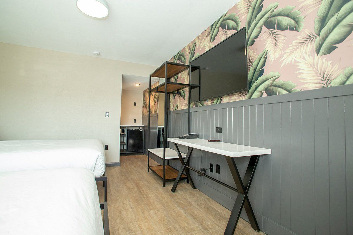 A hotel room with a bed, desk, TV, and mini-fridge.