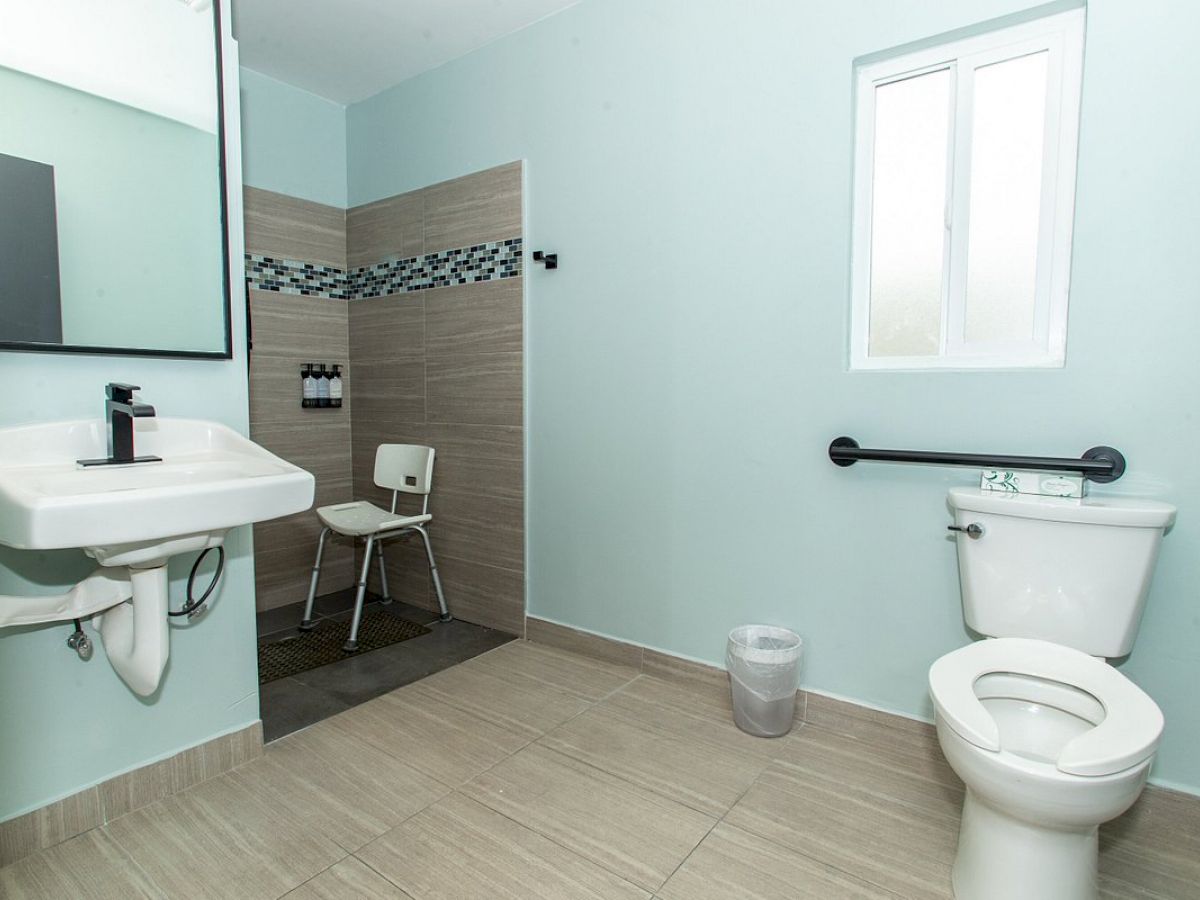 The image shows an accessible bathroom with a sink, mirror, toilet, shower area with a chair, and a window.