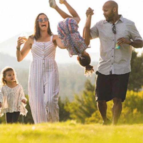A family enjoying a sunny day outside, with parents holding hands with their children, and one child being playfully swung in the air.