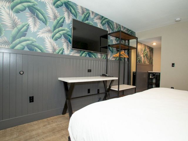 A hotel room with a bed, desk, TV, and shelving unit.