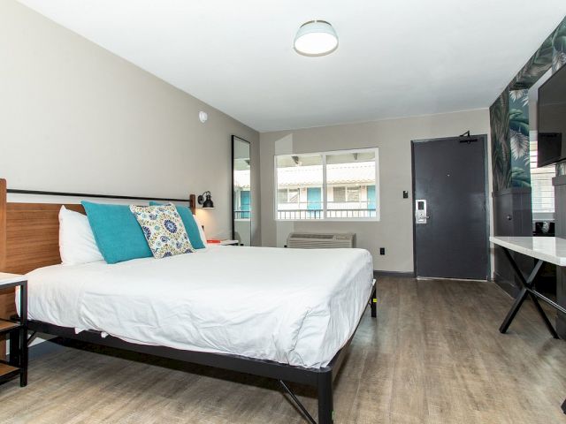 A hotel room with a bed, desk, TV, and window