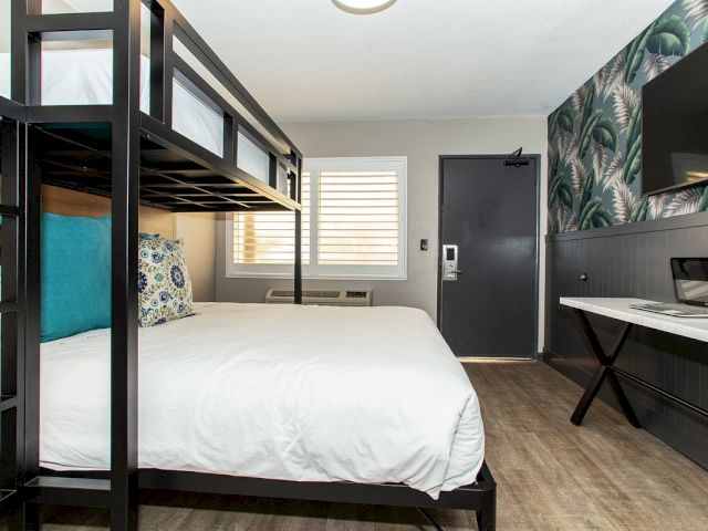 A guest room with a bunk bed, desk, TV, and window