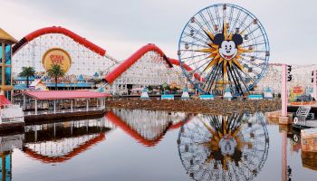 The image shows a theme park with a Ferris wheel featuring a cartoon face, red roller coaster, and buildings reflected in water, creating a symmetrical scene.