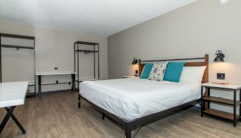 A modern bedroom featuring a large bed with two blue pillows, minimalist furniture, and light wood flooring, under a white ceiling light.